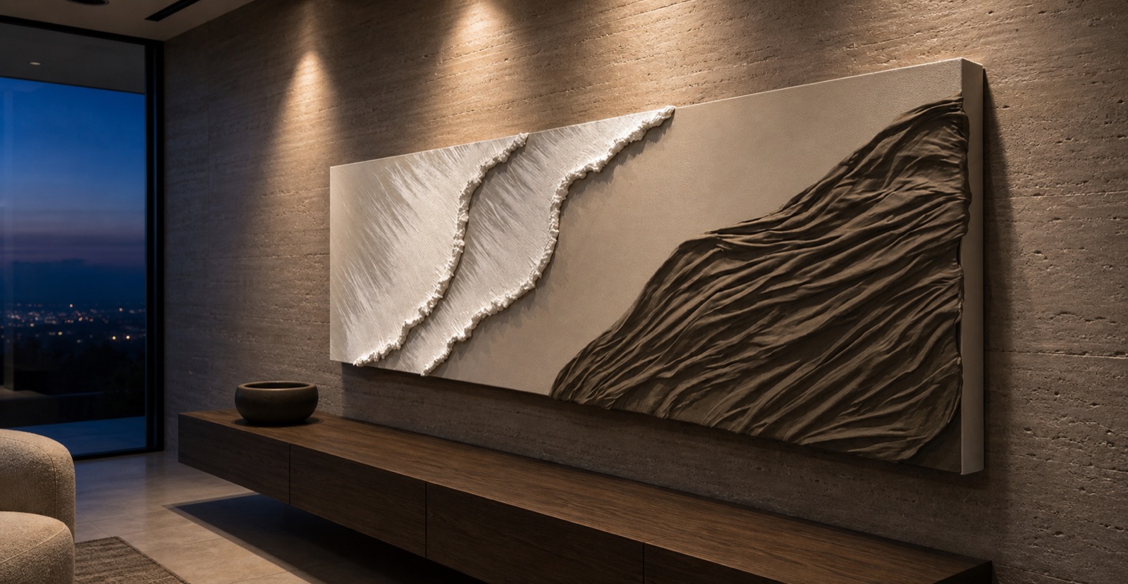 Koyu bir yaşam alanında BUSHRA WALL ART dokulu tablo